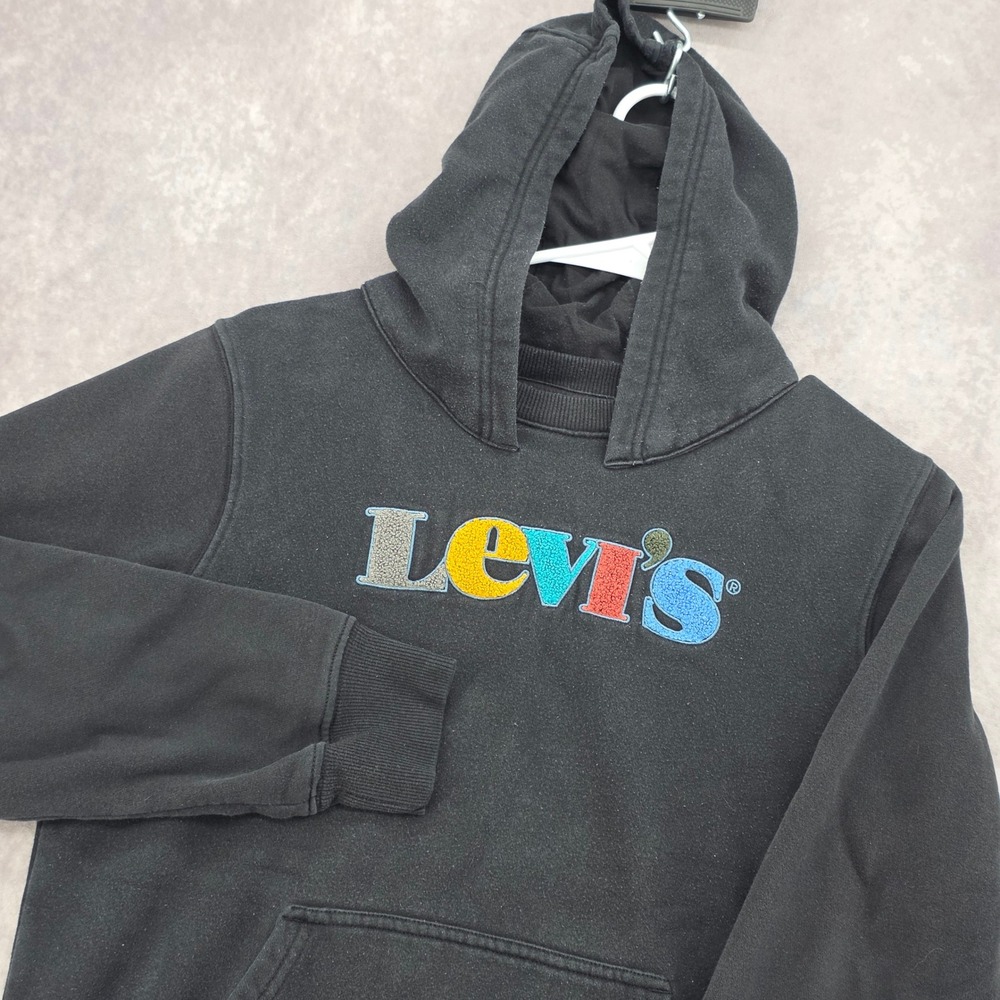 Levis Boys Black Hoodie Sweatshirt Chenille Logo Pullover Size Large 12-13 YRS